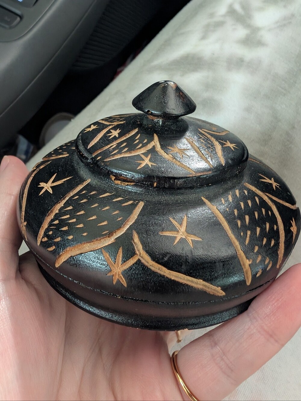 Hand-Carved Black Wooden Trinket Box